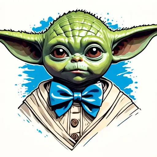 baby yoda face with blue bow tie tattoo design idea