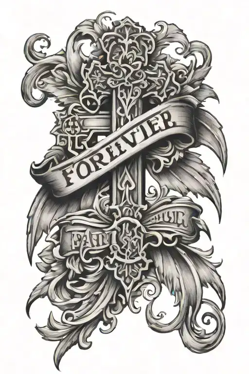 cross with "forever faithful" written inside tattoo design idea
