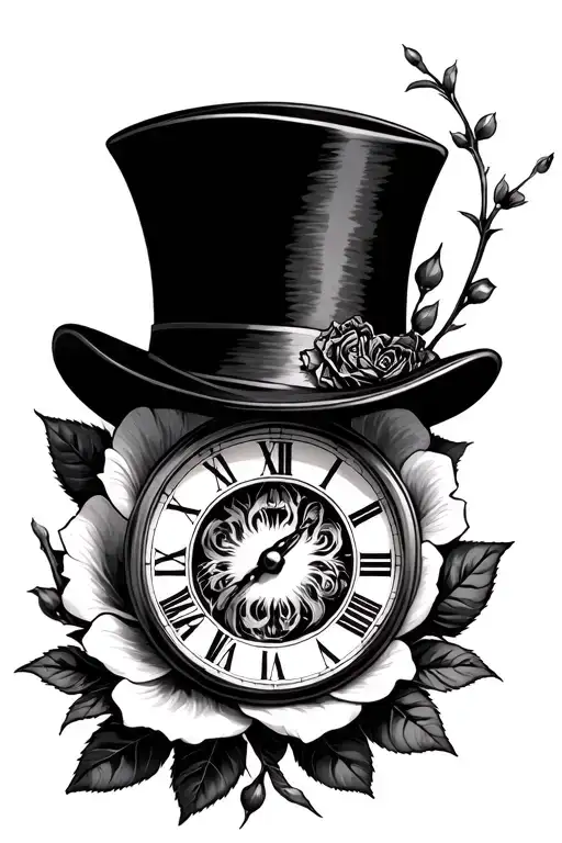 clock, rose, East ham town, tiger, eye on top hat tattoo design idea