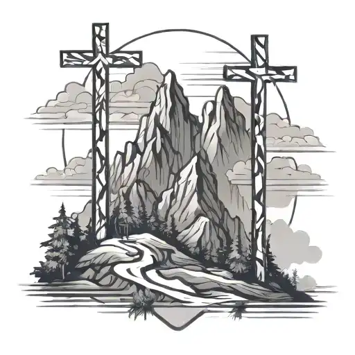 mountain landscape 3 crosses tattoo design idea