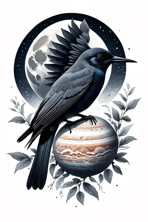 Jupiter and moon alignment with a black sunbird tattoo design idea