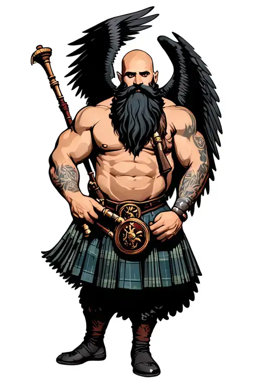 bagpipes in left arm bald shirtless muscular bagpiper black beard with two huge black wings  tattoo design idea