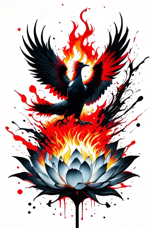 A minimalist tattoo in color that goes down the spine only with a phoenix emerging from a pin lotus flower with fire and tattoo design idea