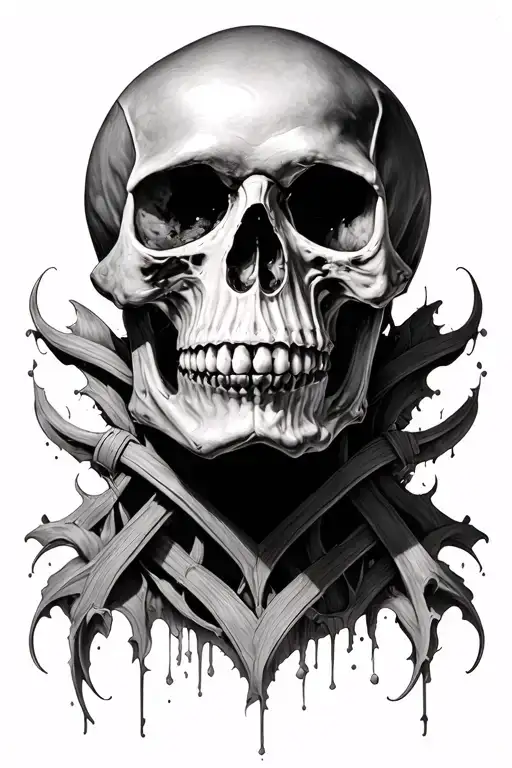 Hyper-realistic black and grey tattoo design of a human skull. Emphasize deep shadows in the eye sockets and nasal cavit tattoo design idea