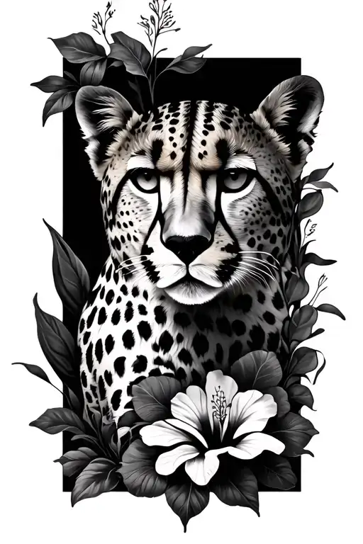 cheetah with hibiscus flowers wrapped tattoo design idea