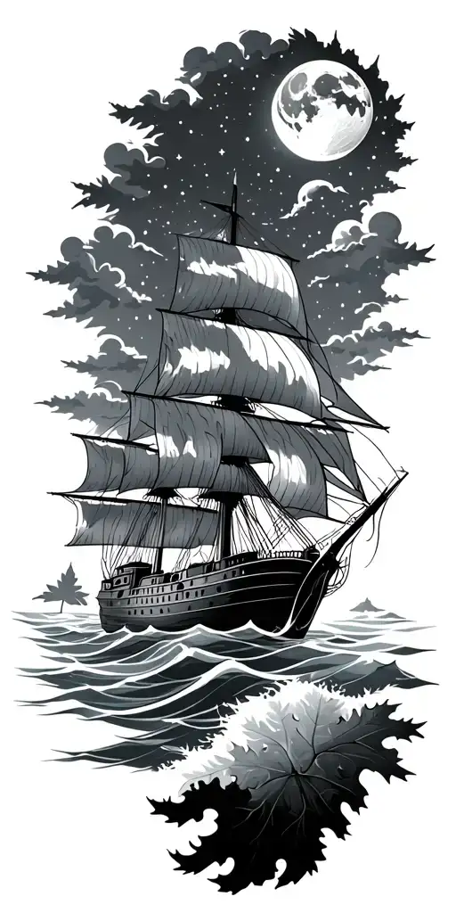 Old Ship on waves under starry night, swirly clouds with full moon poking through, oak leaf, maple leaf  tattoo design idea
