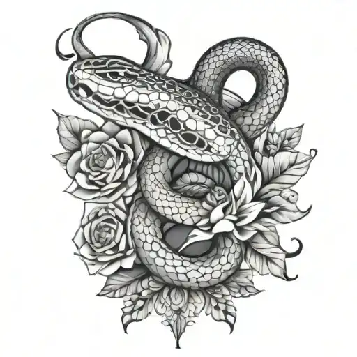 snake wrapped with mandala and flowers intertwined tattoo design idea