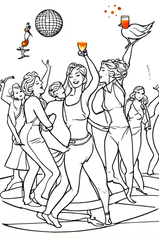 discoball with people dancing and incorperate aperol spritz and a duck tattoo design idea