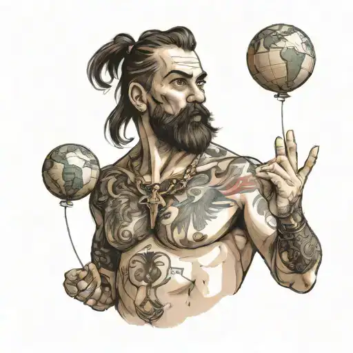 Sketch of Dionizos, holding globe in his left hand, with a tattoo on his chest that says FTW, on white background tattoo design idea