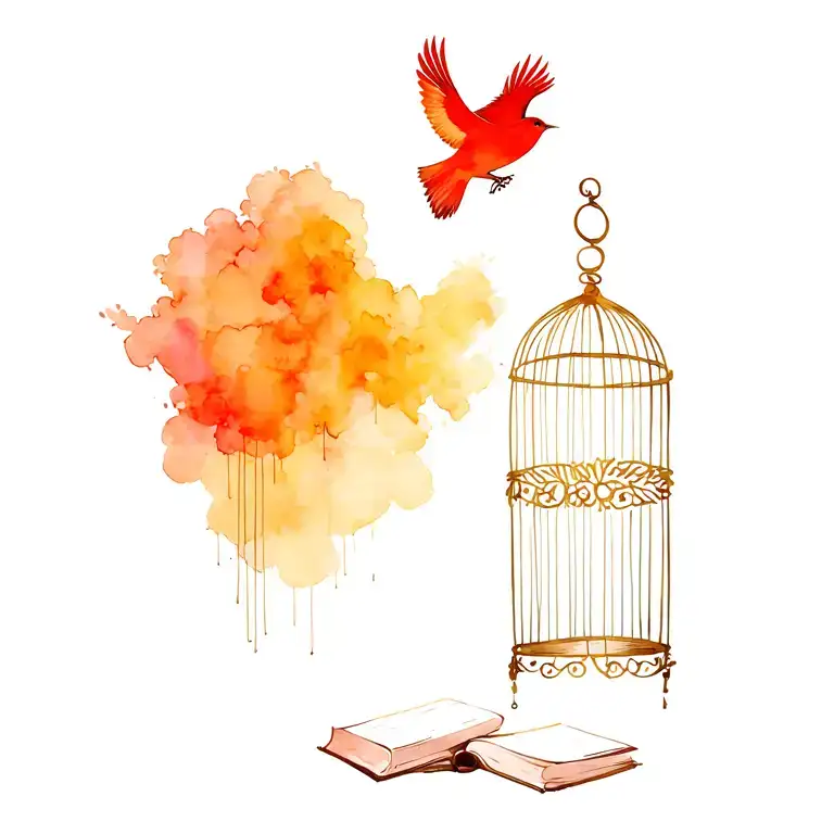 open birdcage w bird flying away on some books tattoo design idea