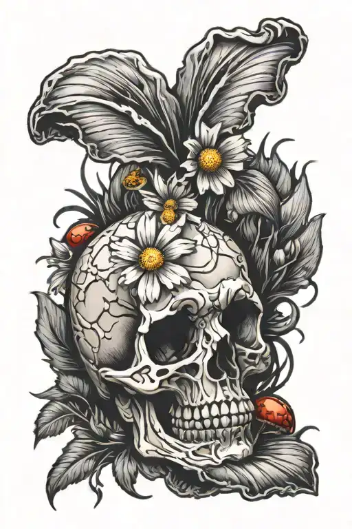 Daisy with skull and mushroom growing tattoo design idea