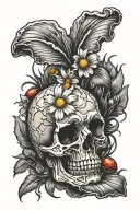 Daisy with skull and mushroom growing tattoo design idea