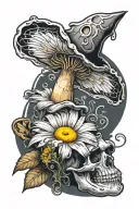Daisy with skull and mushroom growing tattoo design idea