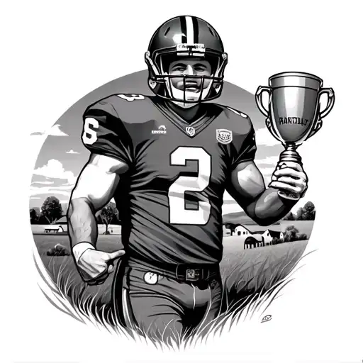 A black-grey tattoo of a football player holding a trophy with a farm and ranch landscape in the background, representing the transition to farm and ranch real estate after football tattoo design idea