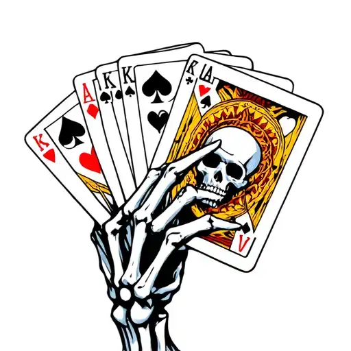 skeleton hand holding cards that symbolize karma, and death with sunshine Ray is coming out at the top with no color tattoo design idea