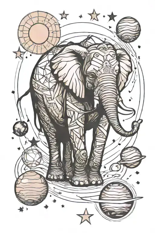 Elephant Planets stars universes nebulaes, minimalist, tattoo style, tattoo geometric structures forms minimalist, unive tattoo design idea