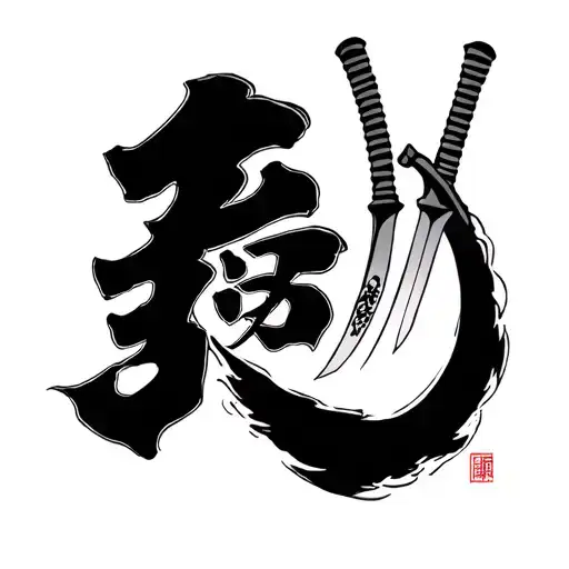 japanese for demon word with 3 katana tattoo design idea