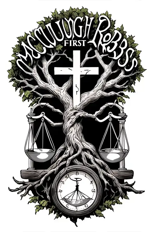 "McCullough Robbs Christ First" "McCullough Robbs"  tree of life intertwined with cross, libra scales and a hourglass  tattoo design idea