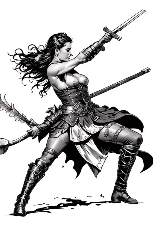 female German warrior battling tattoo design idea