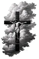 Philippians 4:13 verse written out with clouds, Jesus, cross tattoo design idea