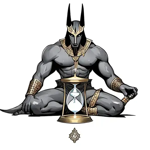 Anubis full body. With an hourglass and an scale. tattoo design idea