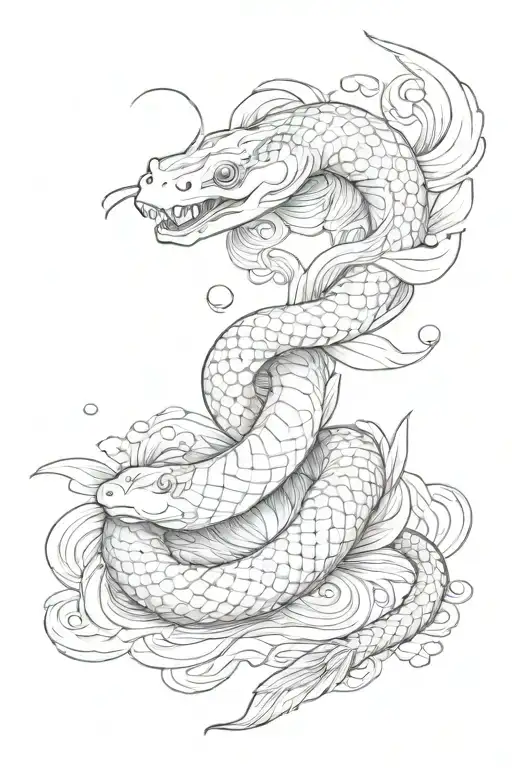  Snake with koi carp koi black tattoo design idea