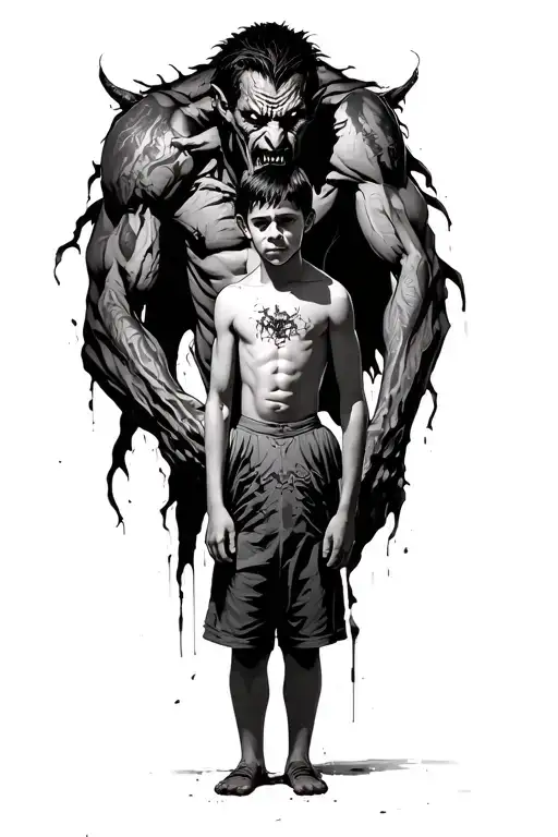 a young boy standing and morphing into an adult with a scary demon towering behind wrapped around him tattoo design idea