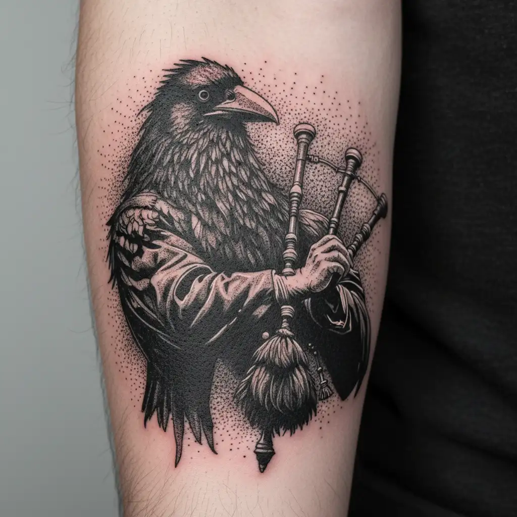  crow muscular with mans face bagpiper playing black bagpipes baldblack beard tattoo design idea