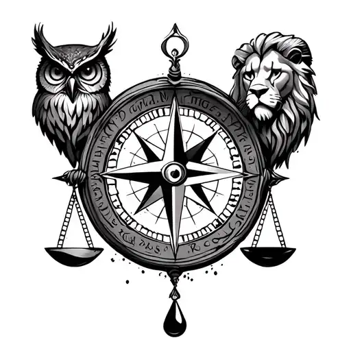 compass with owl, lion head, justice scale and drop of water symbols incorporated tattoo design idea