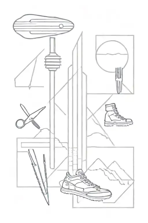CN tower with icons of a chef's knife, fork and spoon at the base, along with silhouettes of a snowboard tattoo design idea