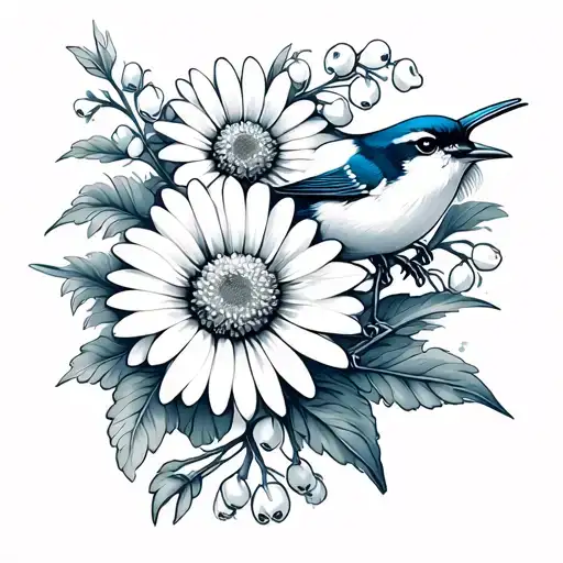 daisy flower, hawthorn flower, lily of the valley flower, blue wren bird  tattoo design idea