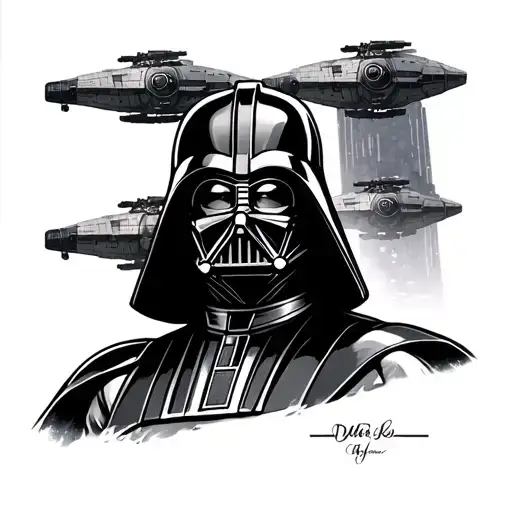 darth vader bicep tattoo with tie fighters in the backround tattoo design idea