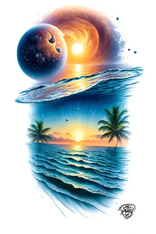 space sunset beach underwater scene tattoo design idea