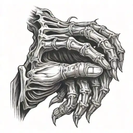 skeleton hand reaching towards human hand with words "What died didn't stay dead." tattoo design idea
