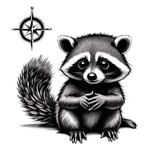 baby racoon sitting holding a compass rose tattoo design idea
