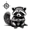 baby racoon sitting holding a compass rose tattoo design idea
