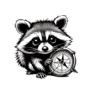 baby racoon sitting holding a compass rose tattoo design idea