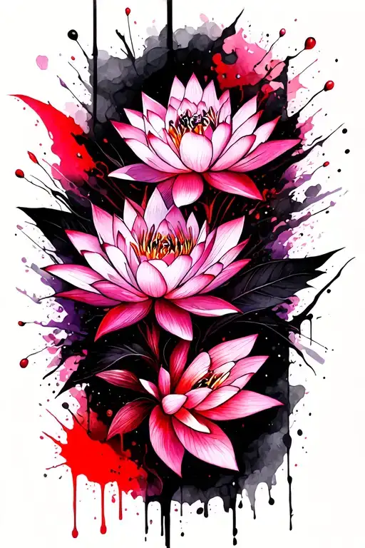 Lotus and pheonix and cherry blossom fine lines water colouring pinks and purples and bold black slashes tattoo design idea