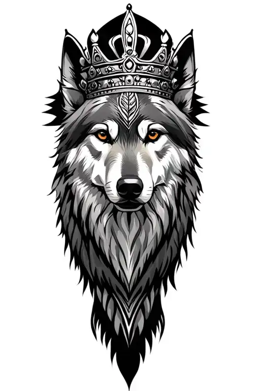 Grey Wolf with African king crown looking tattoo design idea