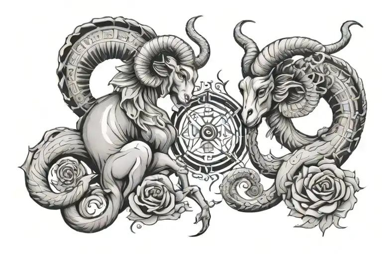 matching tattoos for a couple having two zodiac sign's names "Aries' and "cancer" in Asian style  tattoo design idea