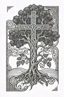 simple cross with simple tree with roots tattoo design idea