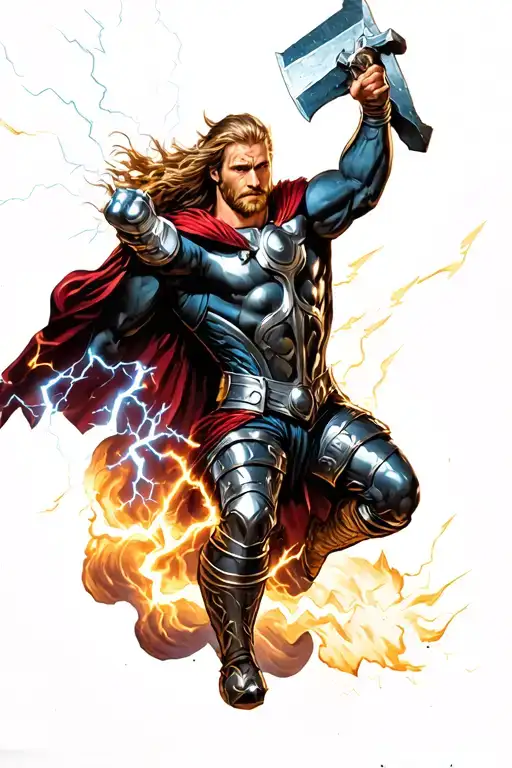 Thor jumping with lightning bolts and stormbreaker tattoo design idea