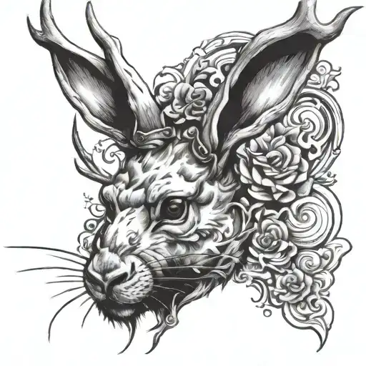 jackalope head; left half face, right half skull tattoo design idea