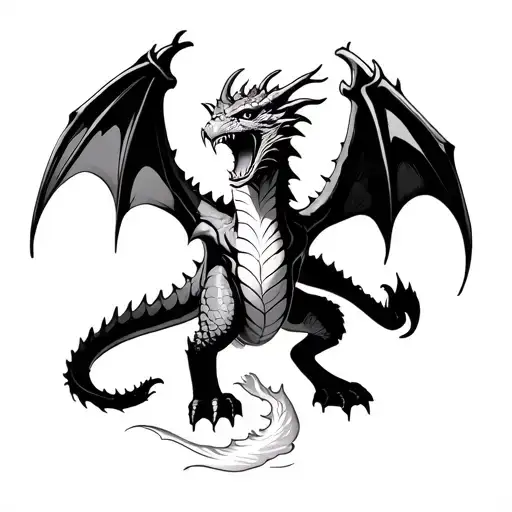 dragon with wings spread and mouth open ready to breathe fire in a forest tattoo design idea