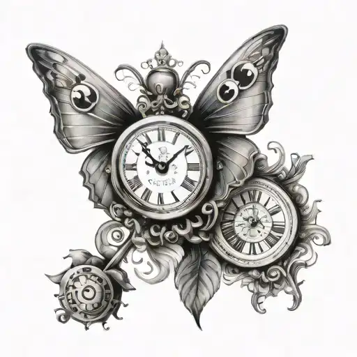 butterfly and clock face tattoo design idea