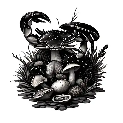 illistrative foraging themed patchwork sleeve. has elements of crabs oyster, mushroom, and oysters  tattoo design idea