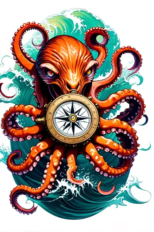 angry kracken octopus in ocean with nautical compass in middle with tentacles out wide with waves tattoo design idea