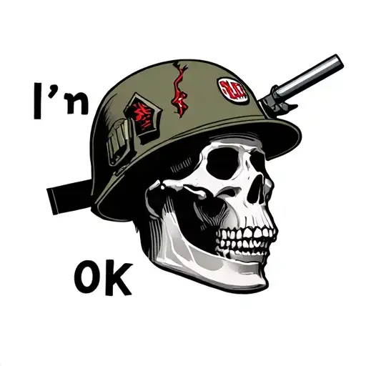 Use a skeleton with an army helmet. With a gunshot wound to the head. Using the words "I'm OK" tattoo design idea