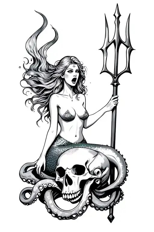 a siren mermaid sitting on an octopus skull holding a trident. she has a beautiful face but is screaming  tattoo design idea