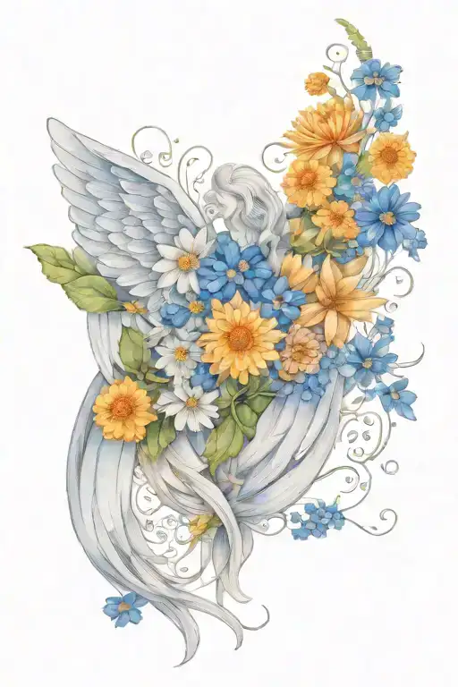 Angel wings surrounded by chrysanthemum and larkspur flowers tattoo design idea